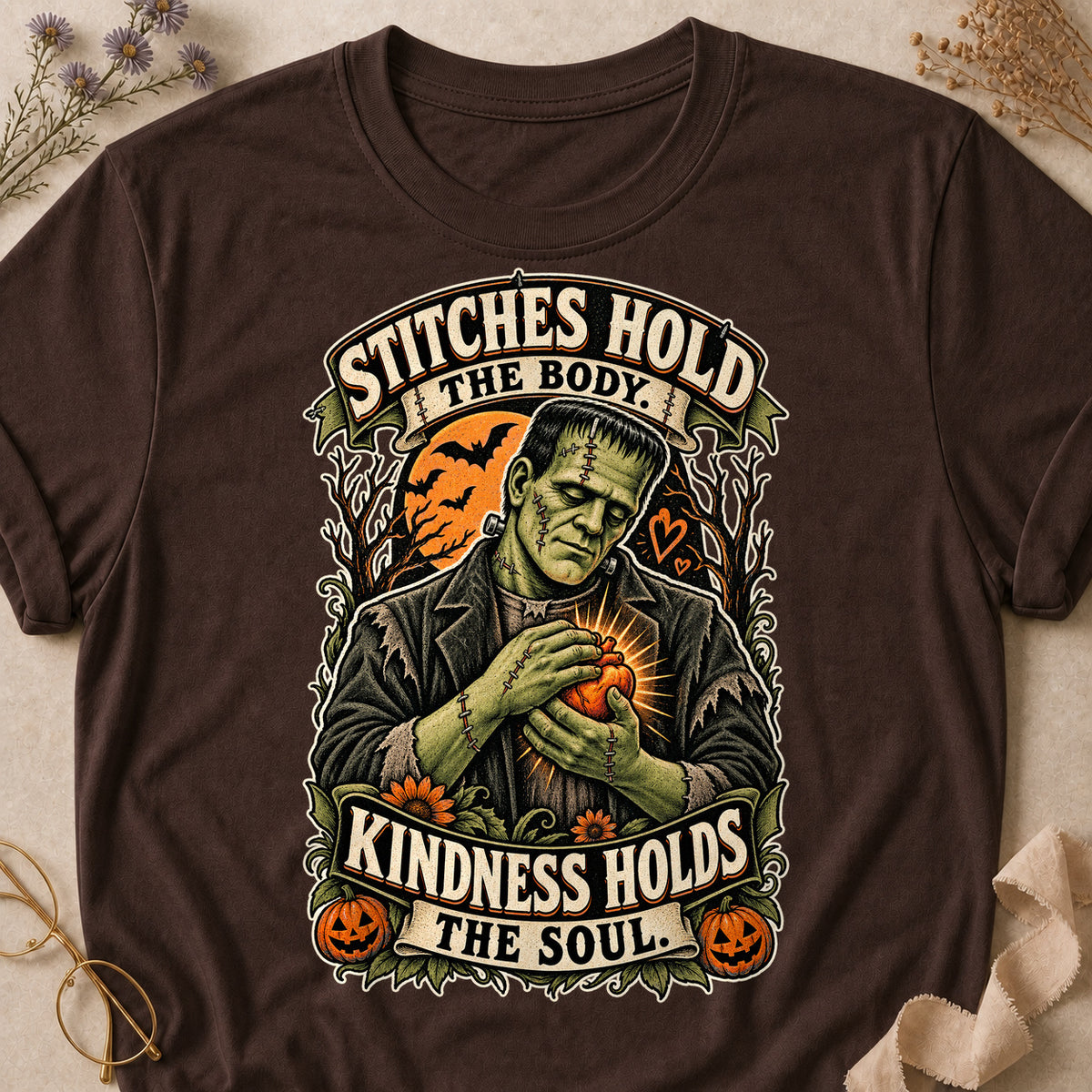 Stitches Hold The Body. Kindness Holds The Soul Colored Print T-Shirt - Dark Chocolate - Brooke & Belle
