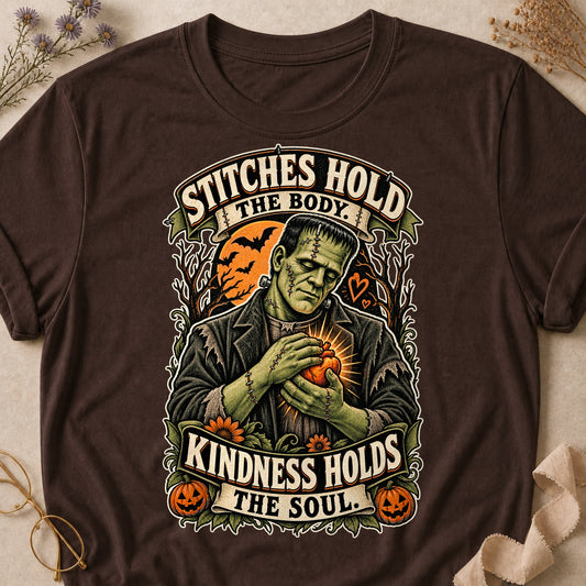 Stitches Hold The Body. Kindness Holds The Soul Colored Print T-Shirt - Dark Chocolate - Brooke & Belle