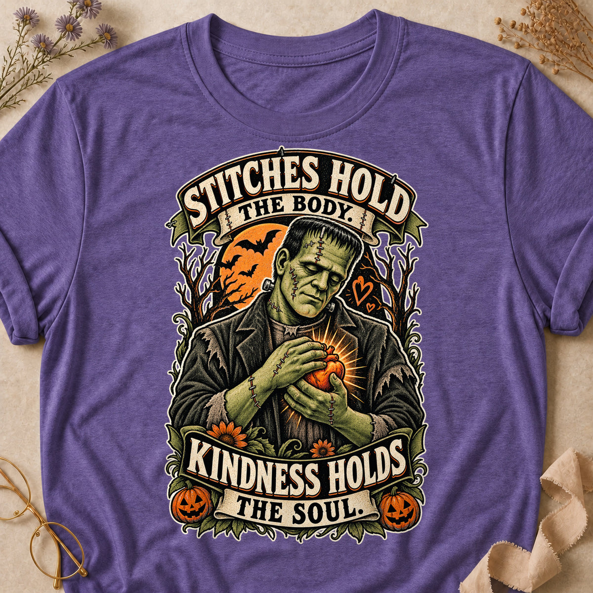 Stitches Hold The Body. Kindness Holds The Soul Colored Print T-Shirt - Heather Purple - Brooke & Belle
