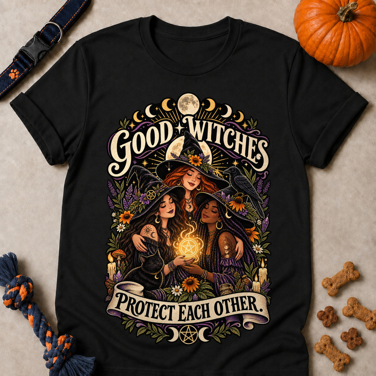 Good Witches Protect Each Other Colored Print T-Shirt - Black - Brooke & Belle