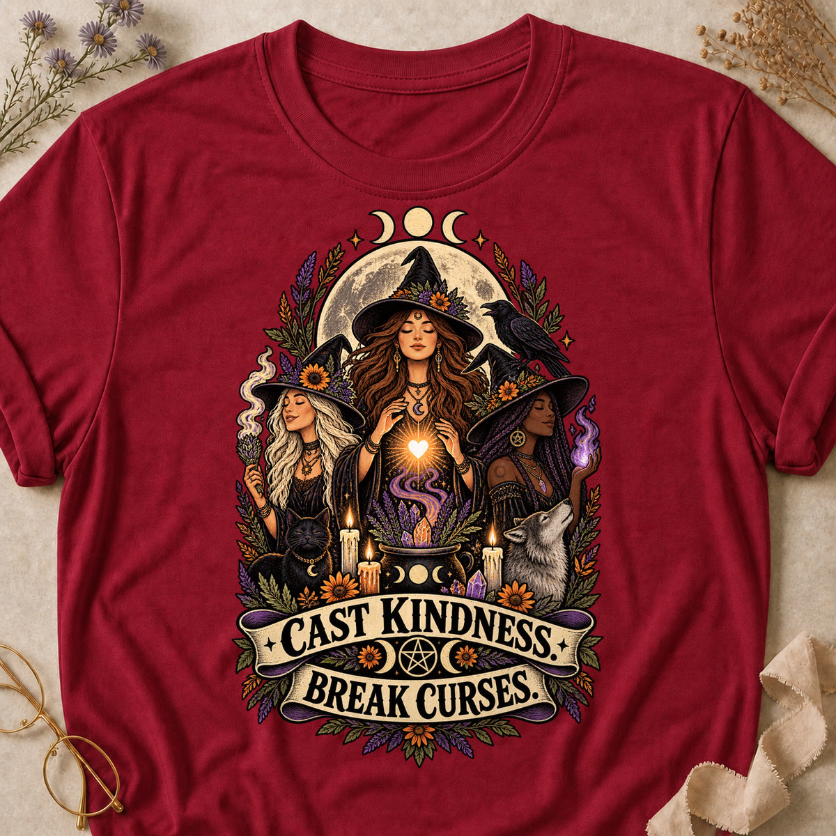 Cast Kindness. Break Curses Colored Print T-Shirt - Cardinal Red - Brooke & Belle