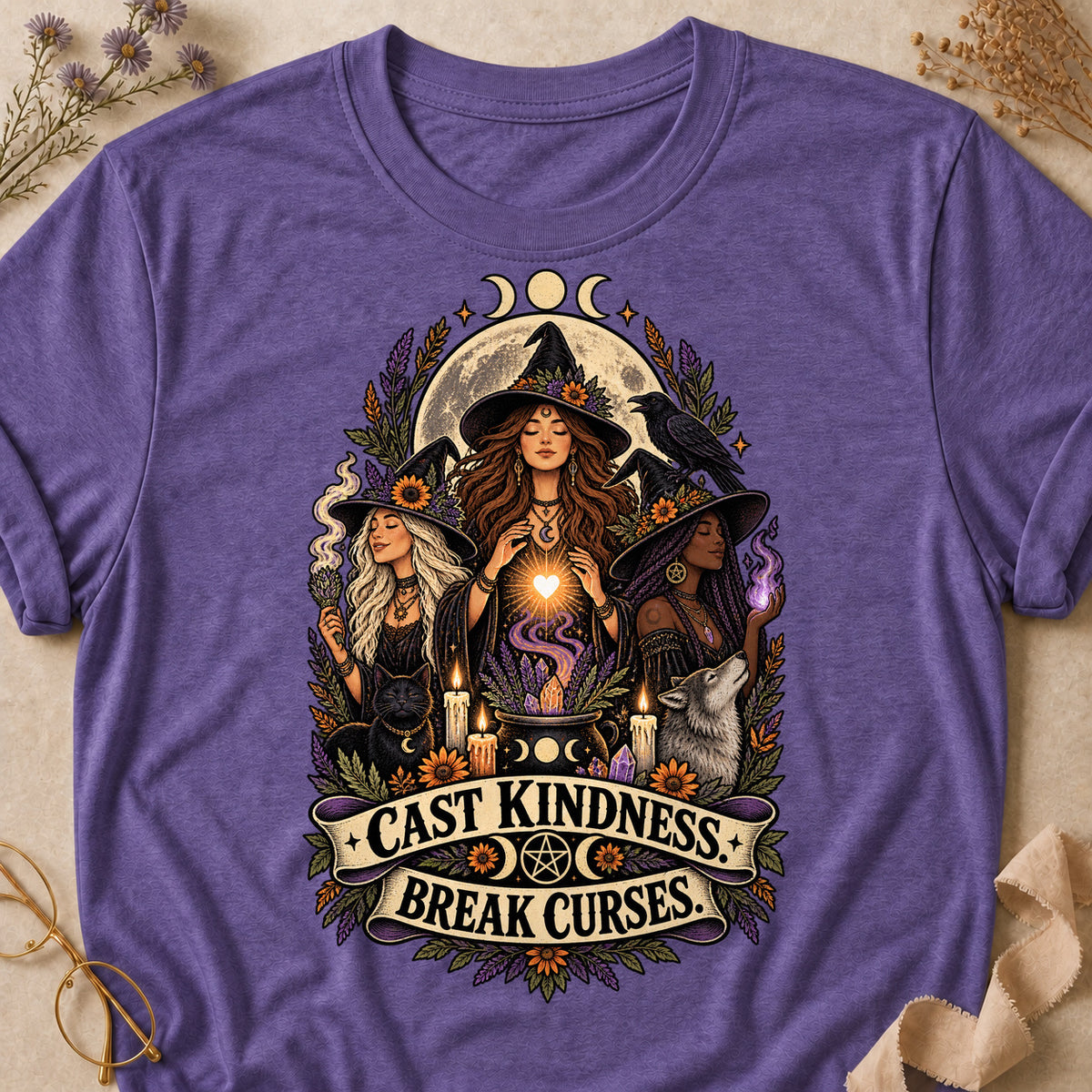 Cast Kindness. Break Curses Colored Print T-Shirt - Heather Purple - Brooke & Belle