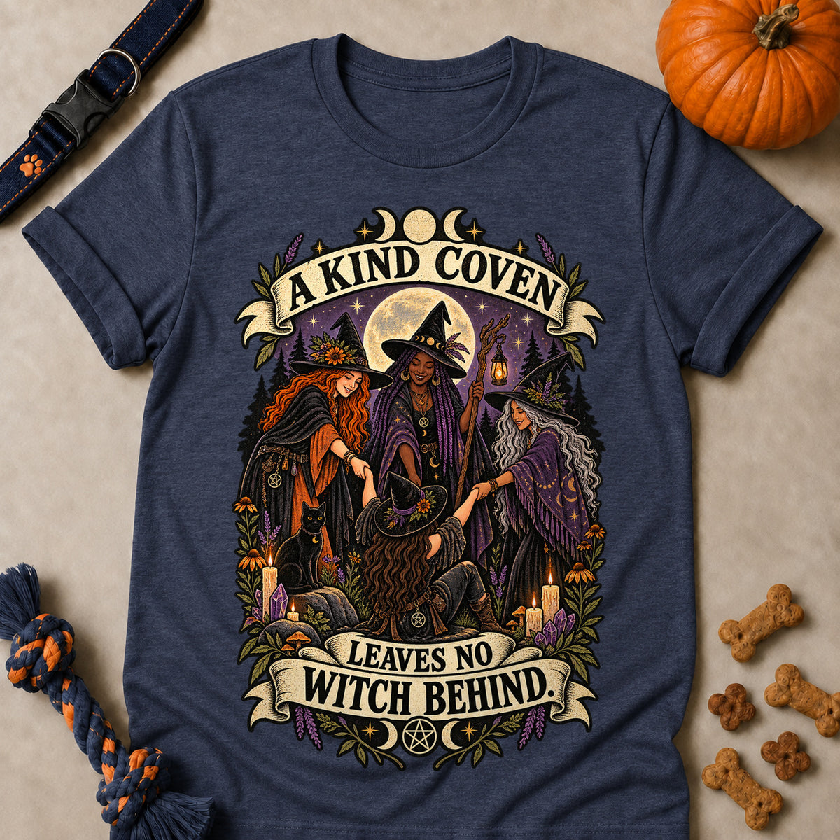 A Kind Coven Leaves No Witch Behind Colored Print T-Shirt - Heather Navy - Brooke & Belle