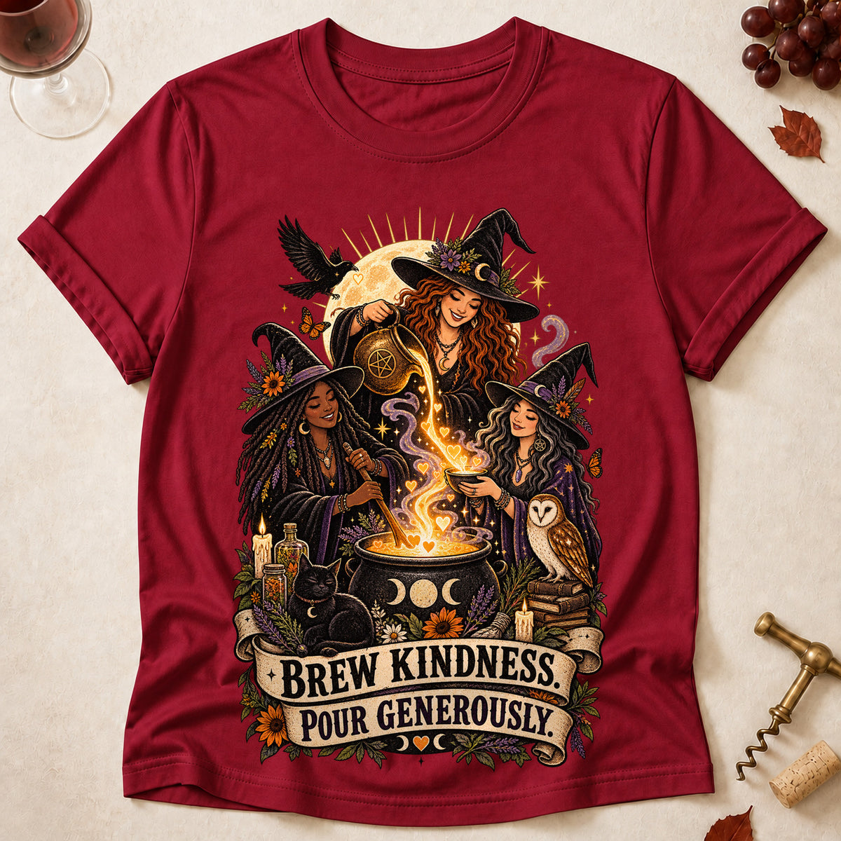 Brew Kindness. Pour Generously Colored Print T-Shirt - Cardinal Red - Brooke & Belle