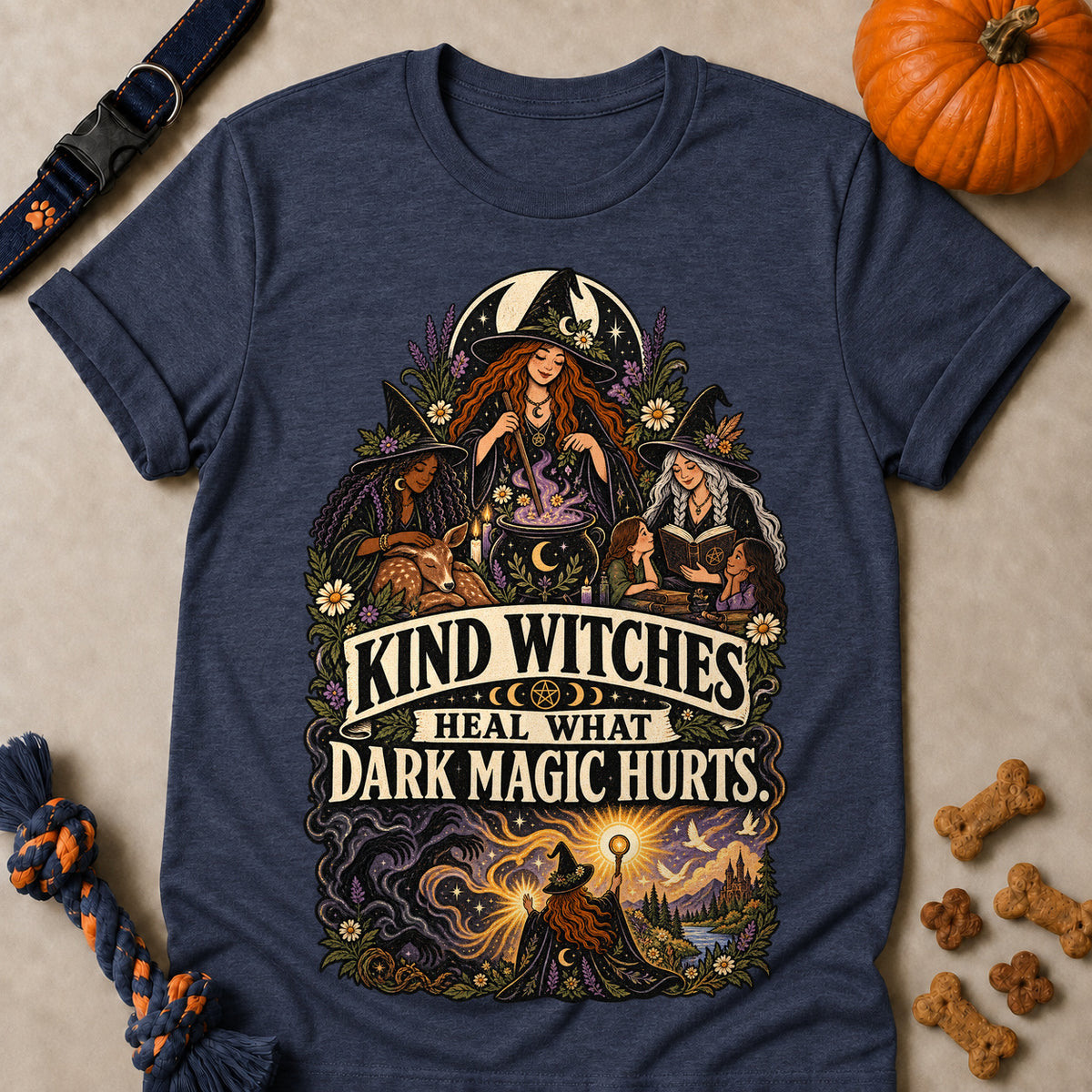 Kind Witches Heal What Dark Magic Hurts Colored Print T-Shirt - Heather Navy - Brooke & Belle