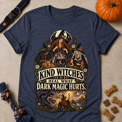 Kind Witches Heal What Dark Magic Hurts Colored Print T-Shirt - Heather Navy - Brooke & Belle