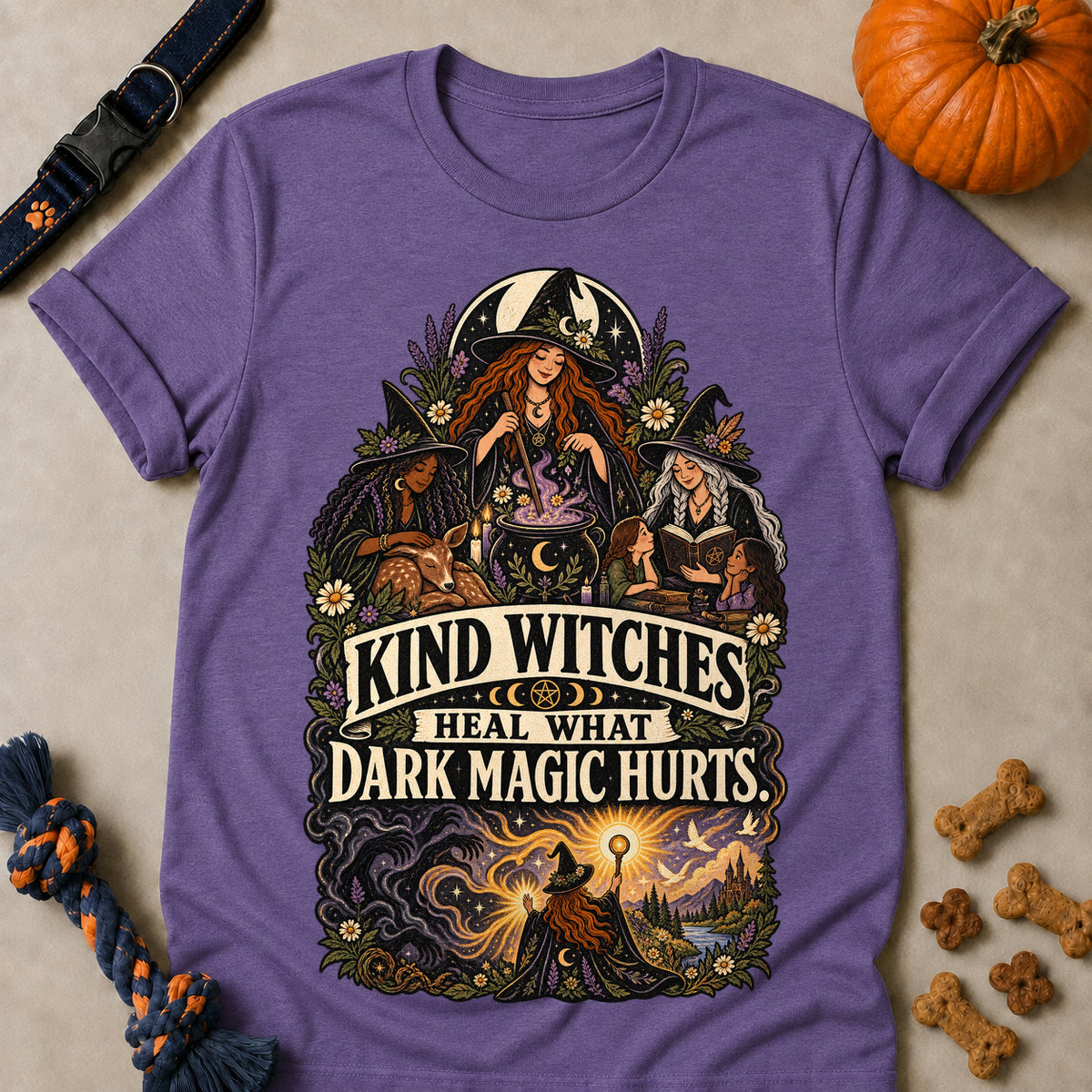 Kind Witches Heal What Dark Magic Hurts Colored Print T-Shirt - Heather Purple - Brooke & Belle