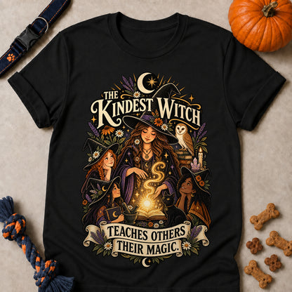 The Kindest Witch Teaches Others Their Magic Colored Print T-Shirt - Black - Brooke & Belle