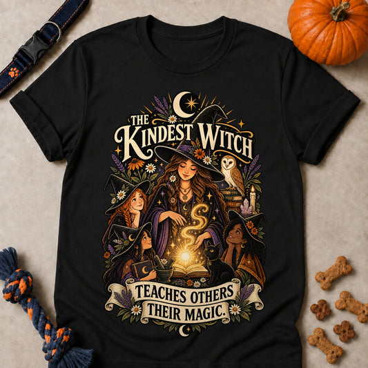 The Kindest Witch Teaches Others Their Magic Colored Print T-Shirt - Black - Brooke & Belle