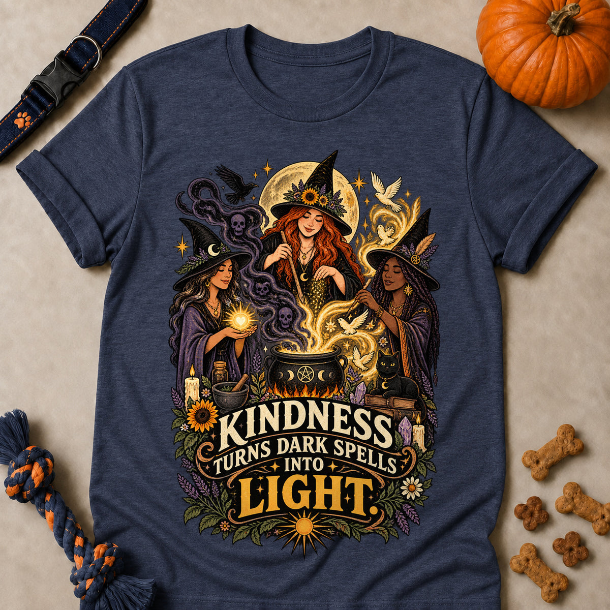 Kindness Turns Dark Spells Into Light Colored Print T-Shirt - Heather Navy - Brooke & Belle