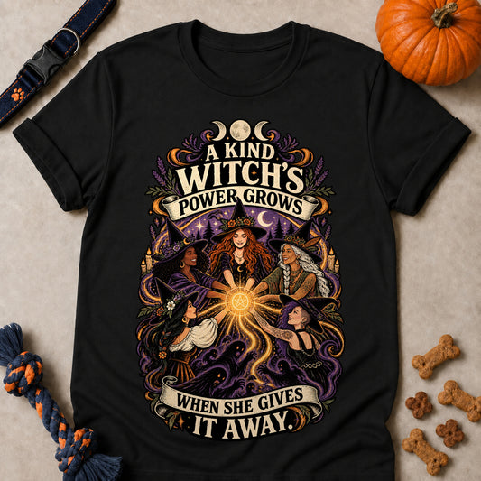 A Kind Witch's Power Grows When She Gives It Away Colored Print T-Shirt - Black - Brooke & Belle