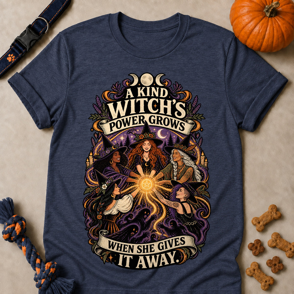 A Kind Witch's Power Grows When She Gives It Away Colored Print T-Shirt - Heather Navy - Brooke & Belle