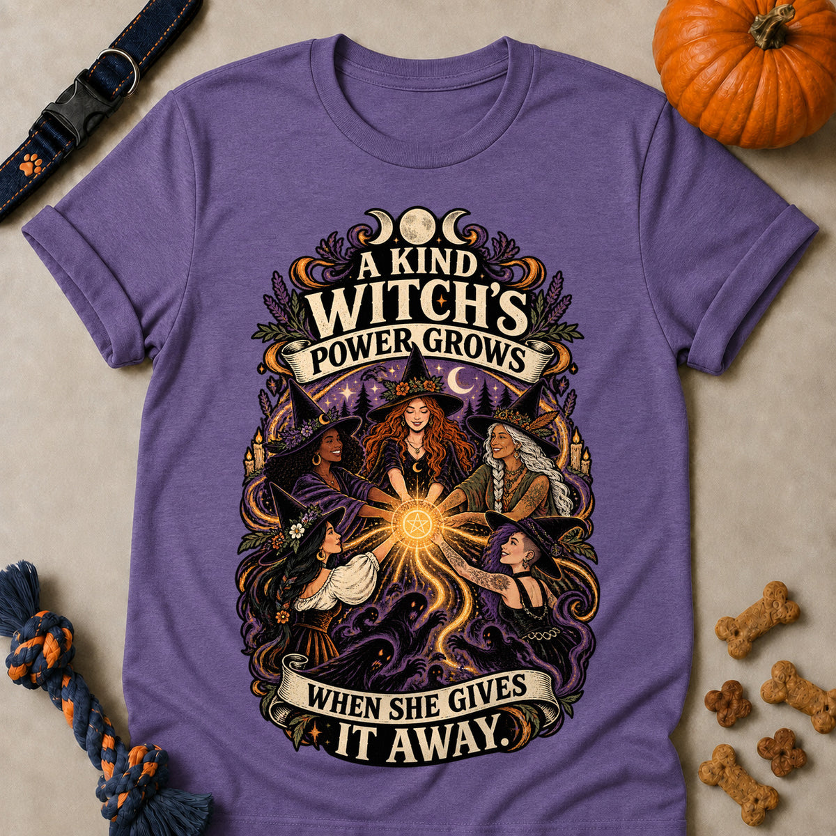 A Kind Witch's Power Grows When She Gives It Away Colored Print T-Shirt - Heather Purple - Brooke & Belle