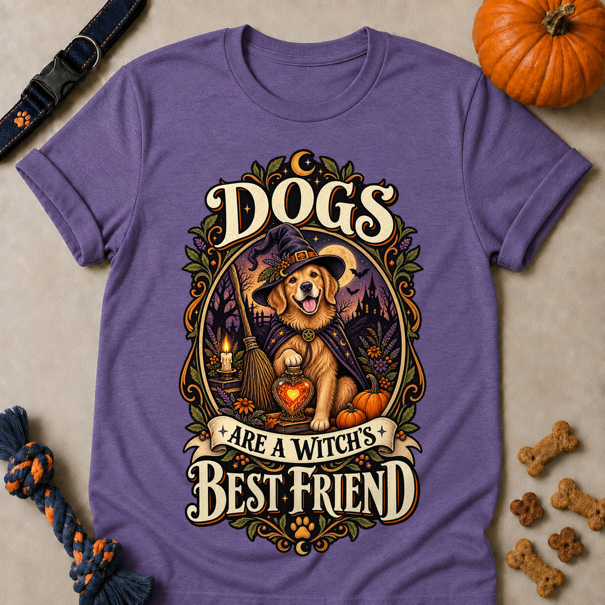 Dogs Are A Witch's Best Friend Colored Print T-Shirt - Heather Purple - Brooke & Belle