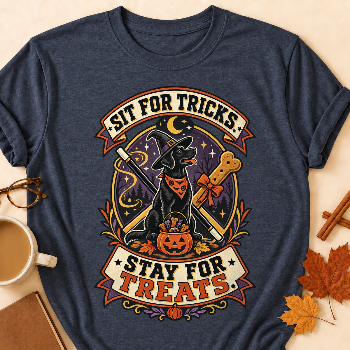 Sit For Tricks. Stay For Treats Colored Print T-Shirt - Heather Navy - Brooke & Belle