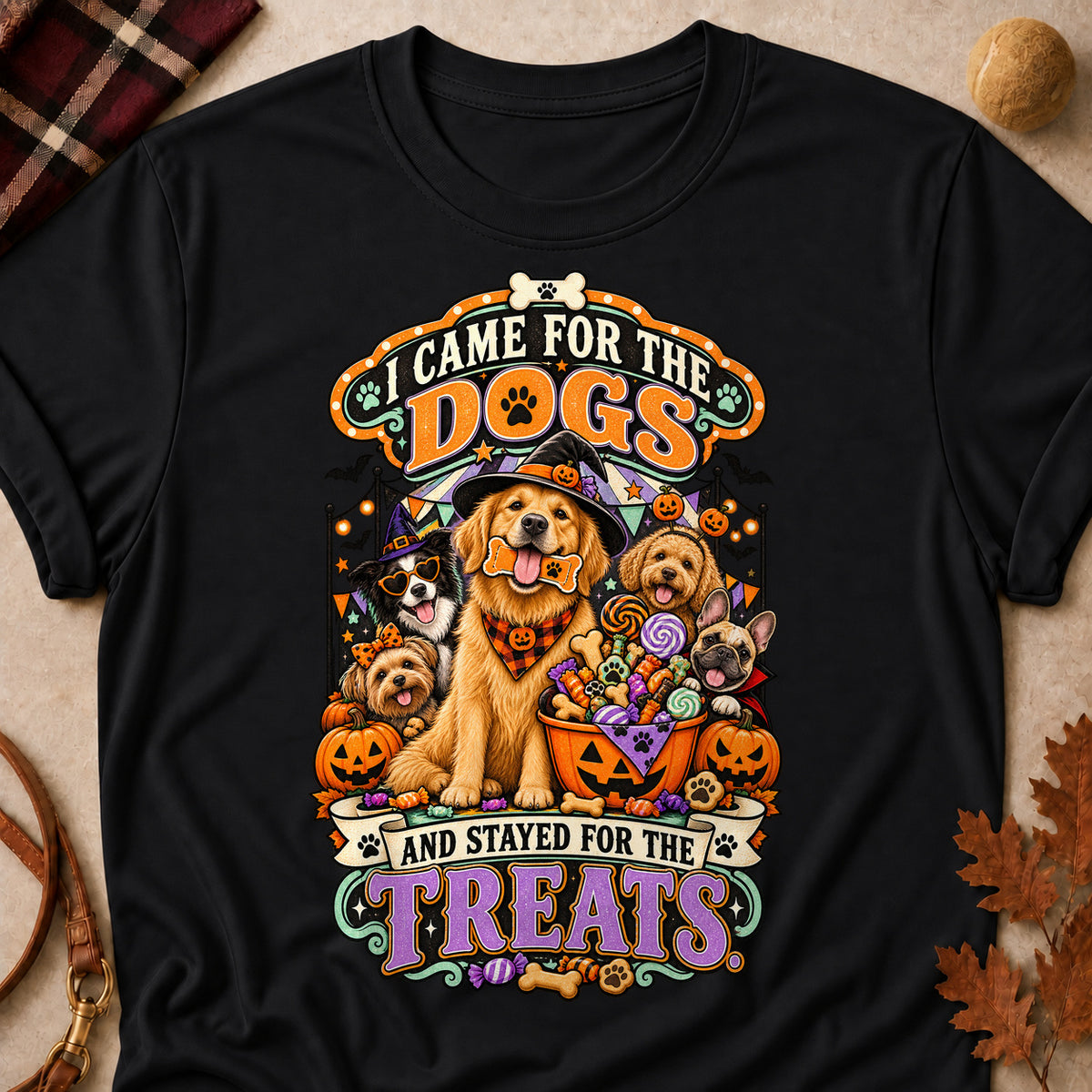 I Came For The Dogs And Stayed For The Treats Colored Print T-Shirt - Black - Brooke & Belle