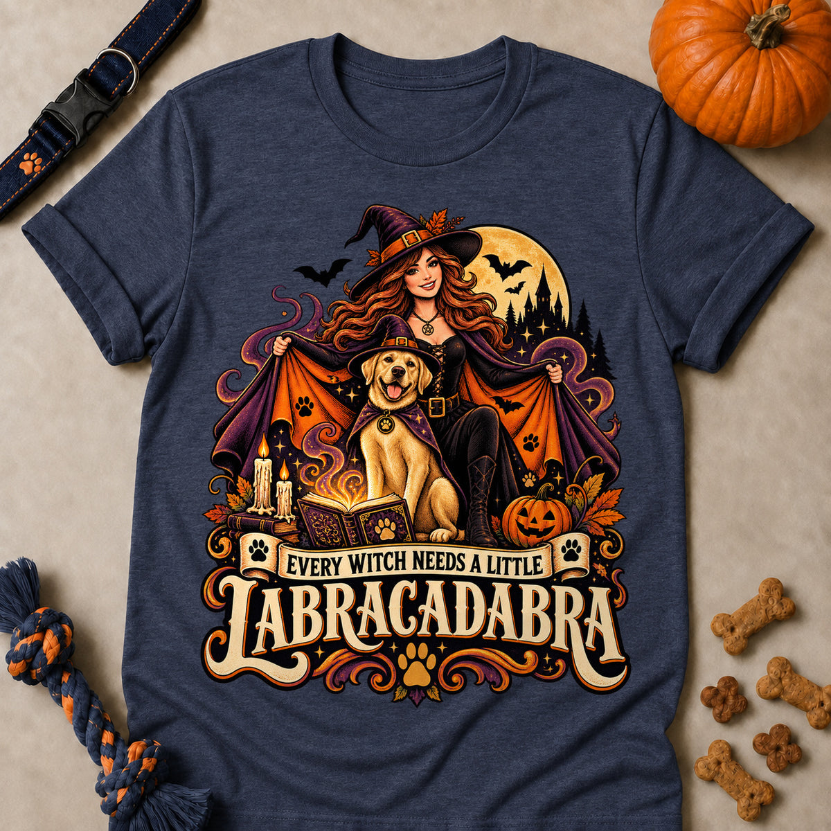 Every Witch Needs A Little Labracadabra Colored Print T-Shirt - Heather Navy - Brooke & Belle