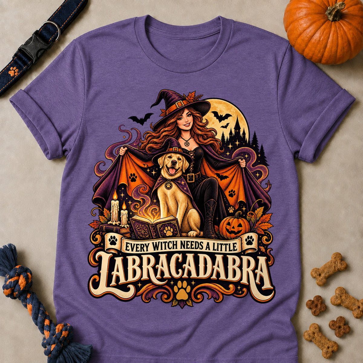 Every Witch Needs A Little Labracadabra Colored Print T-Shirt - Heather Purple - Brooke & Belle