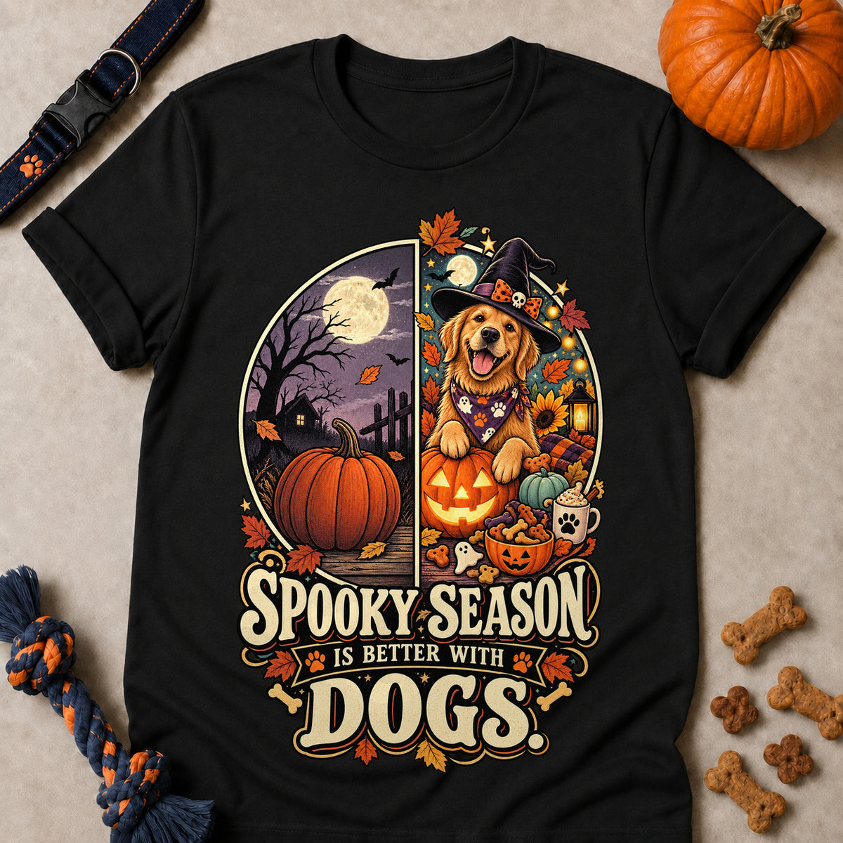 Spooky Season Is Better With Dogs Colored Print T-Shirt - Black - Brooke & Belle