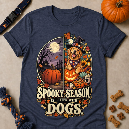 Spooky Season Is Better With Dogs Colored Print T-Shirt - Heather Navy - Brooke & Belle