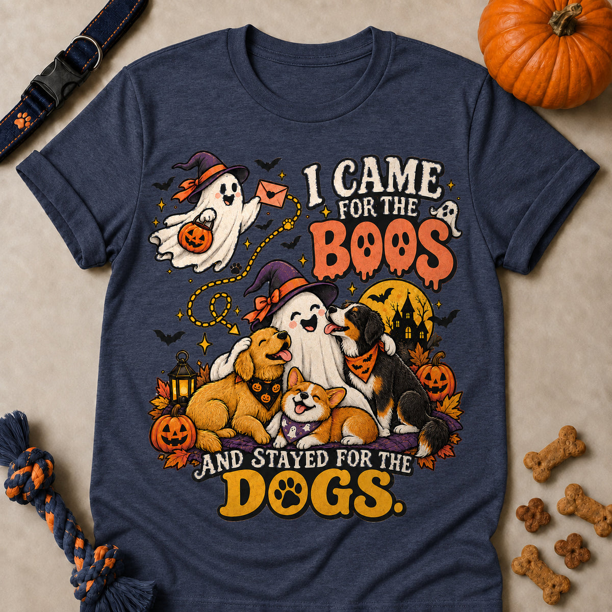 I Came For The Boos And Stayed For The Dogs Colored Print T-Shirt - Heather Navy - Brooke & Belle