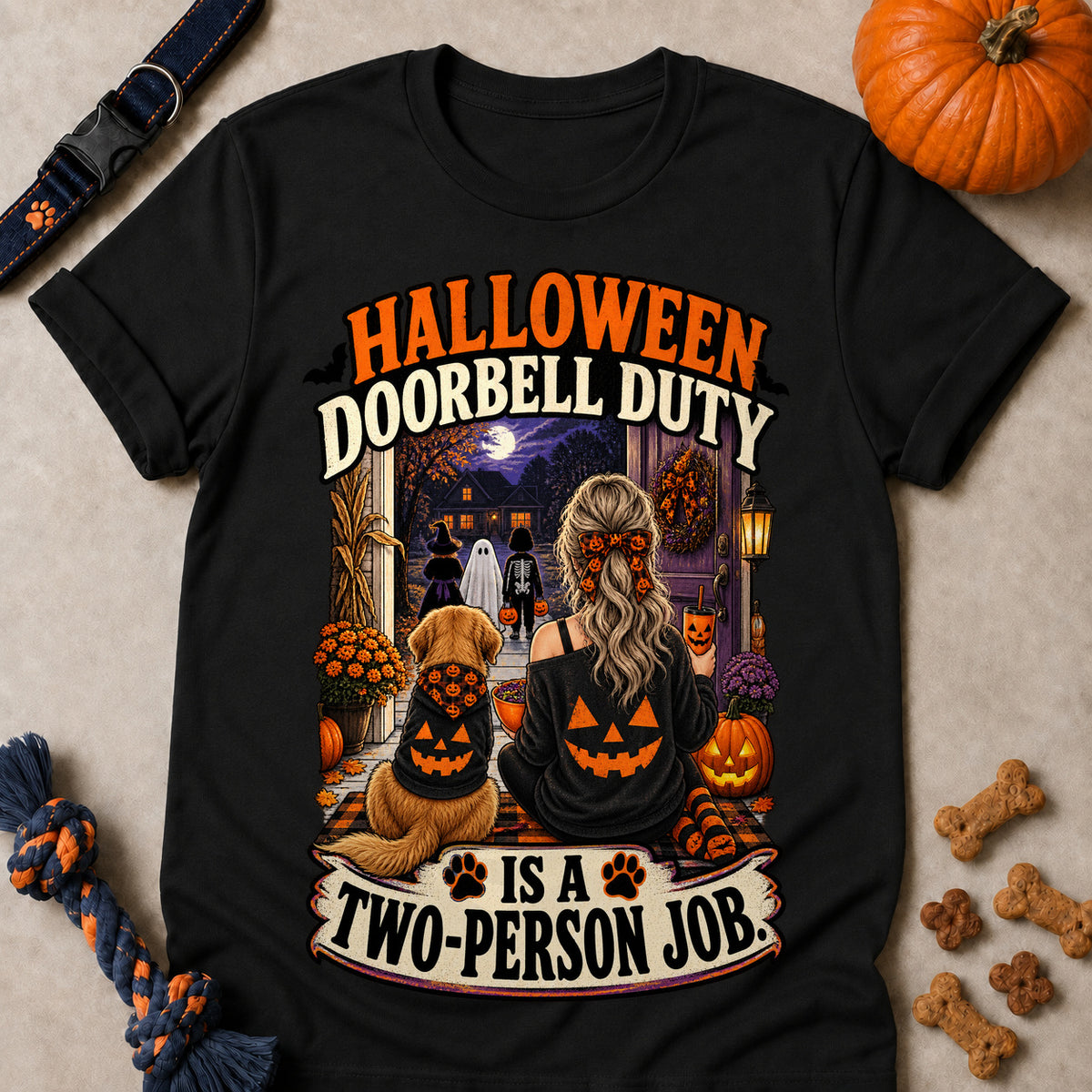 Halloween Doorbell Duty Is A Two-Person Job Colored Print T-Shirt - Black - Brooke & Belle