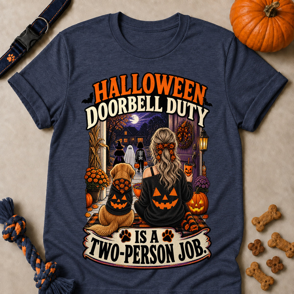 Halloween Doorbell Duty Is A Two-Person Job Colored Print T-Shirt - Heather Navy - Brooke & Belle