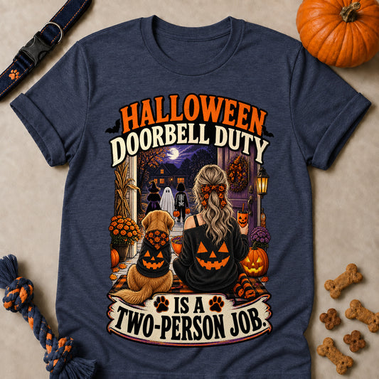 Halloween Doorbell Duty Is A Two-Person Job Colored Print T-Shirt - Heather Navy - Brooke & Belle