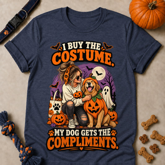 I Buy The Costume. My Dog Gets The Compliments Colored Print T-Shirt - Heather Navy - Brooke & Belle