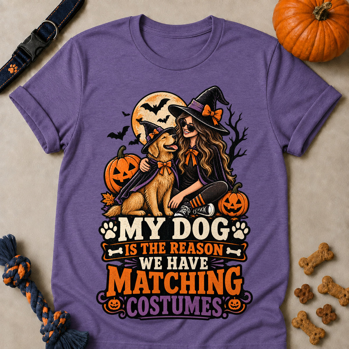 My Dog Is The Reason We Have Matching Costumes Colored Print T-Shirt - Heather Purple - Brooke & Belle