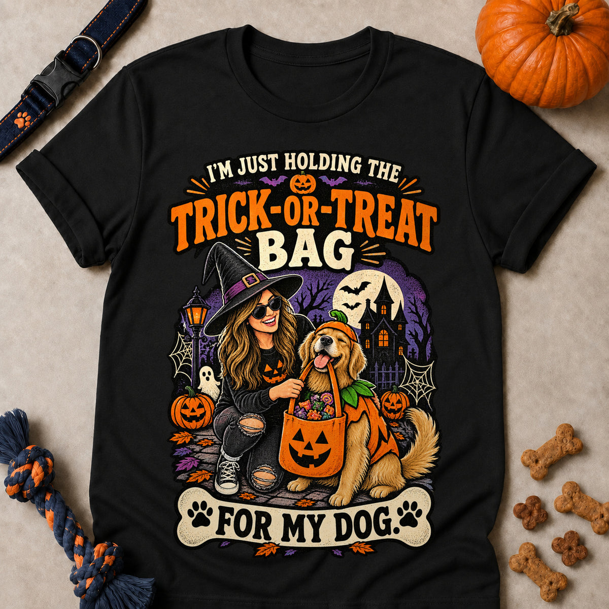 I'm Just Holding The Trick-Or-Treat Bag For My Dog Colored Print T-Shirt - Black - Brooke & Belle