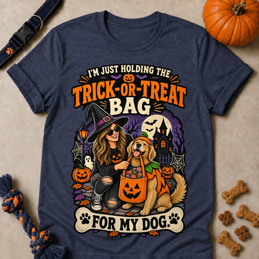 I'm Just Holding The Trick-Or-Treat Bag For My Dog Colored Print T-Shirt - Heather Navy - Brooke & Belle