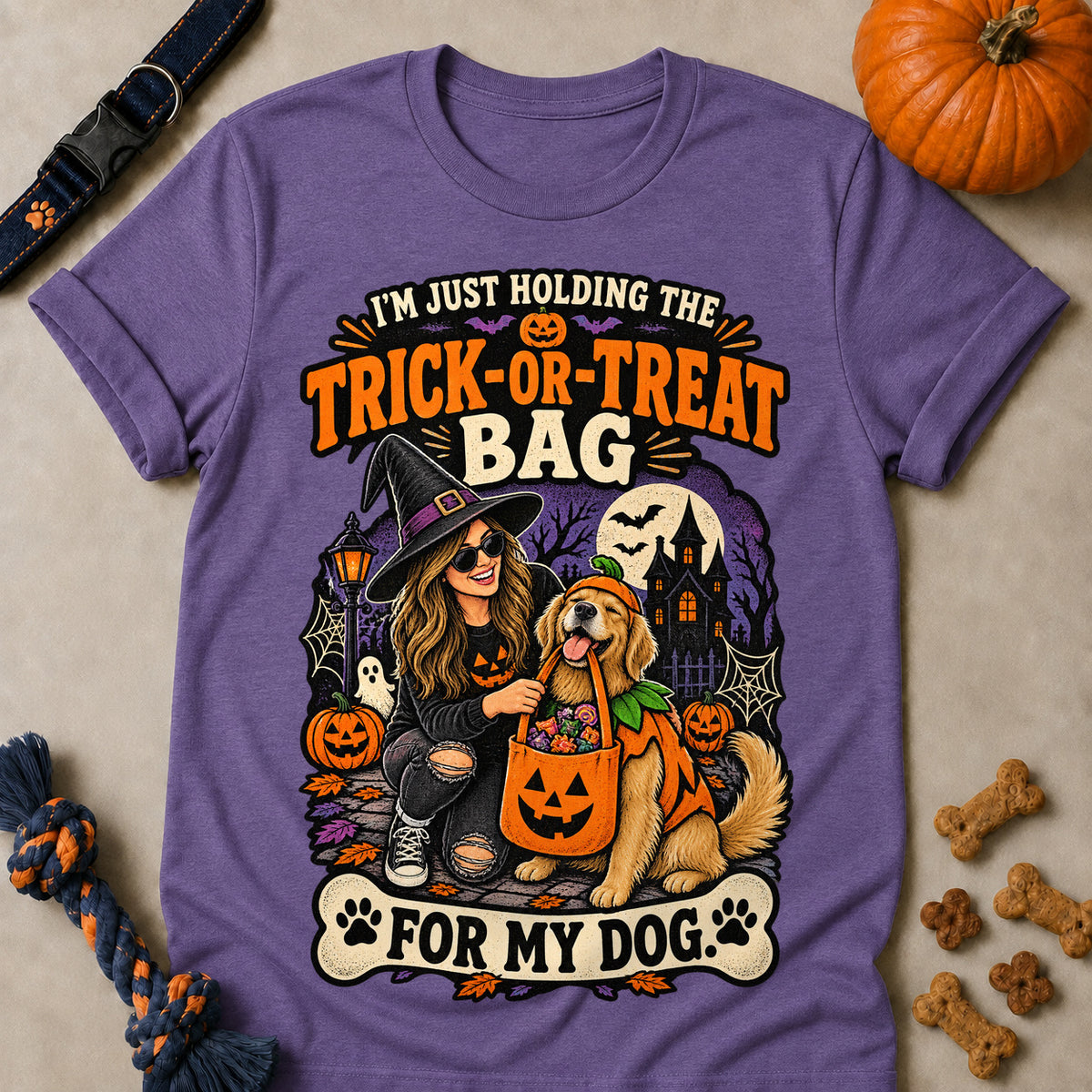 I'm Just Holding The Trick-Or-Treat Bag For My Dog Colored Print T-Shirt - Heather Purple - Brooke & Belle