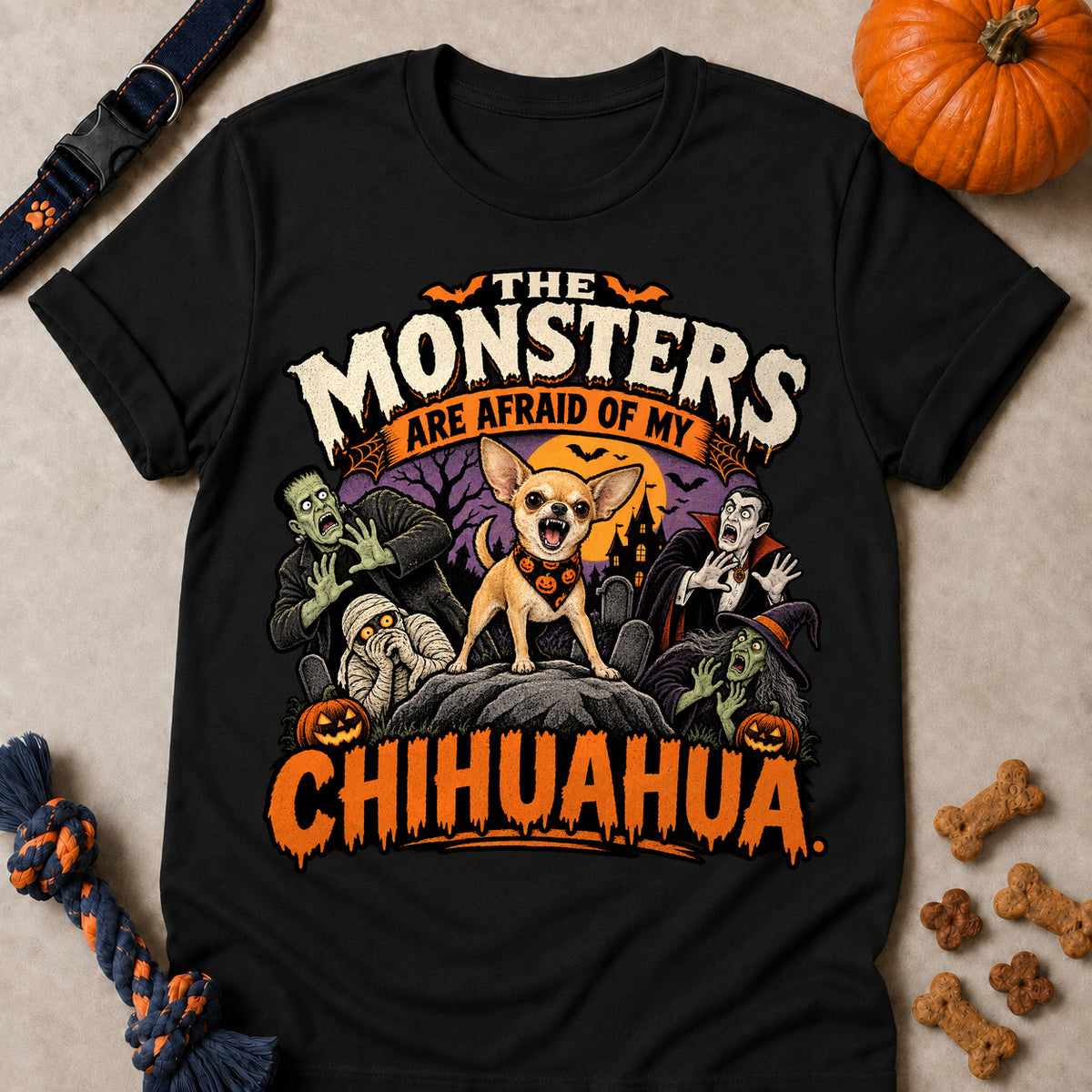 The Monsters Are Afraid Of My Chihuahua Colored Print T-Shirt - Black - Brooke & Belle