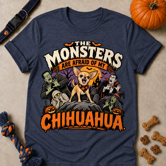 The Monsters Are Afraid Of My Chihuahua Colored Print T-Shirt - Heather Navy - Brooke & Belle