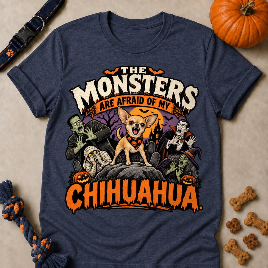 The Monsters Are Afraid Of My Chihuahua Colored Print T-Shirt