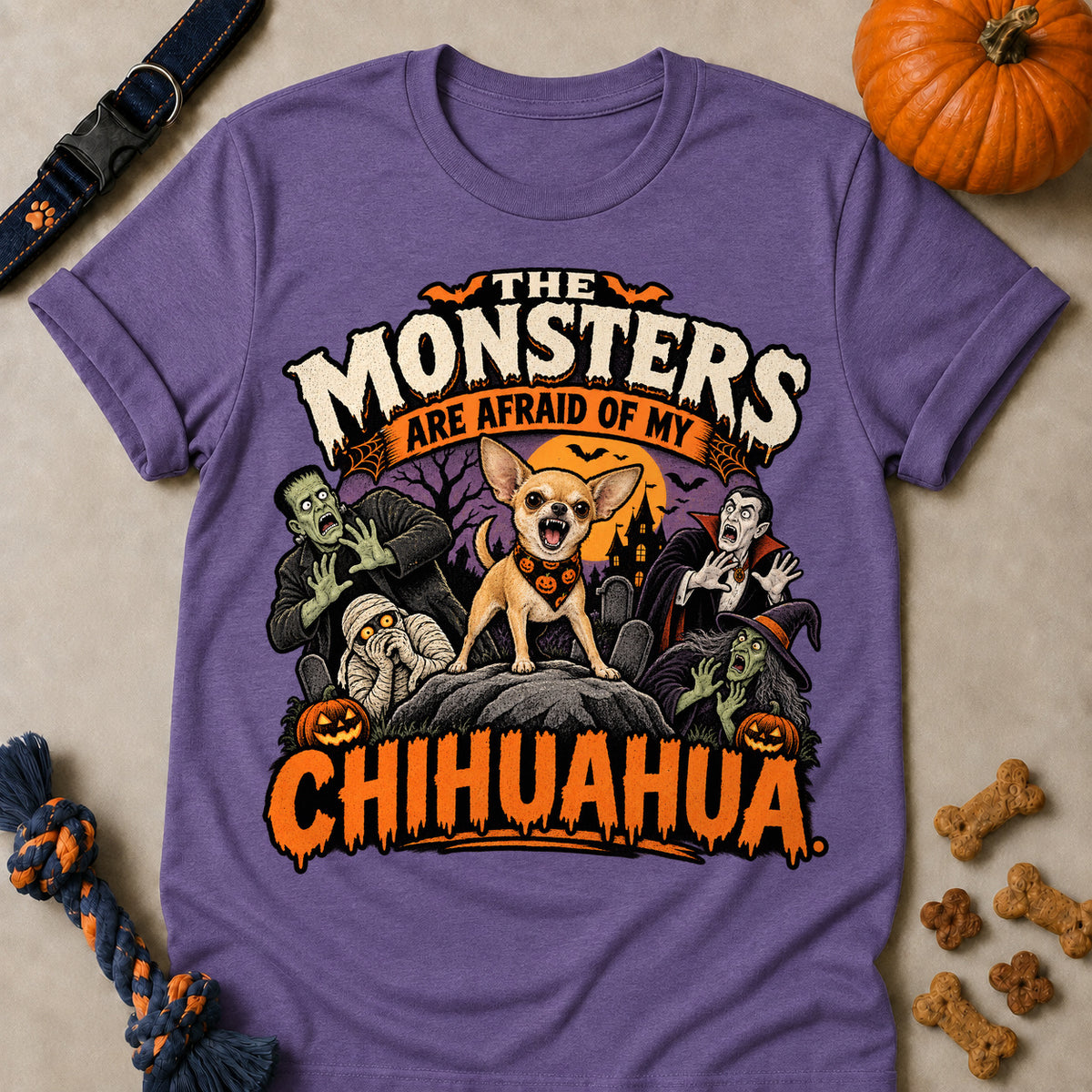 The Monsters Are Afraid Of My Chihuahua Colored Print T-Shirt - Heather Purple - Brooke & Belle