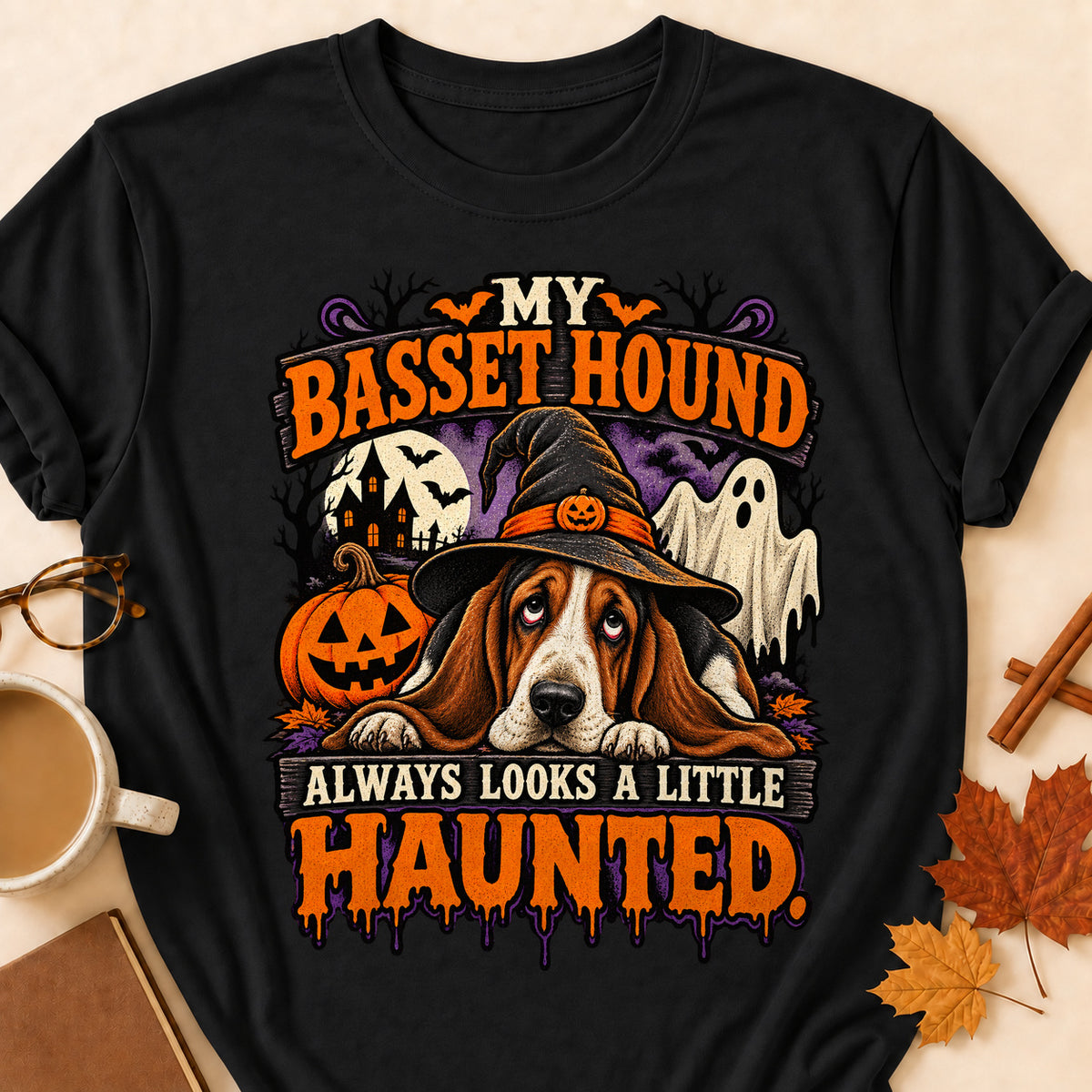My Basset Hound Always Looks A Little Haunted Colored Print T-Shirt - Black - Brooke & Belle