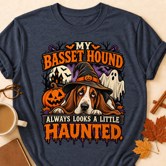 My Basset Hound Always Looks A Little Haunted Colored Print T-Shirt - Heather Navy - Brooke & Belle