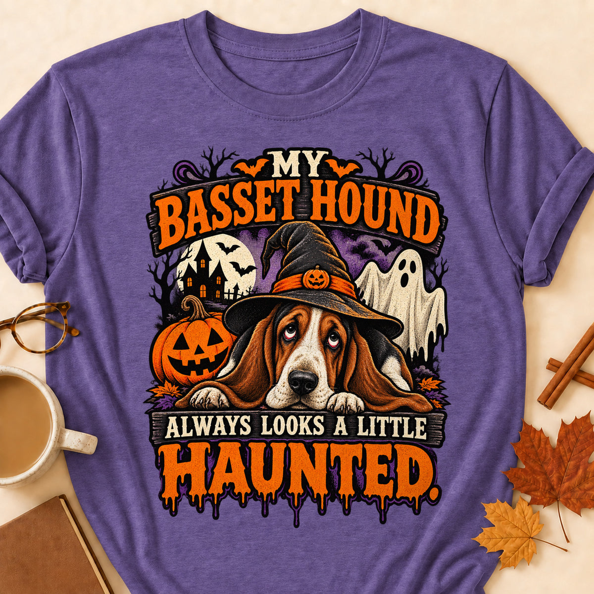 My Basset Hound Always Looks A Little Haunted Colored Print T-Shirt - Heather Purple - Brooke & Belle