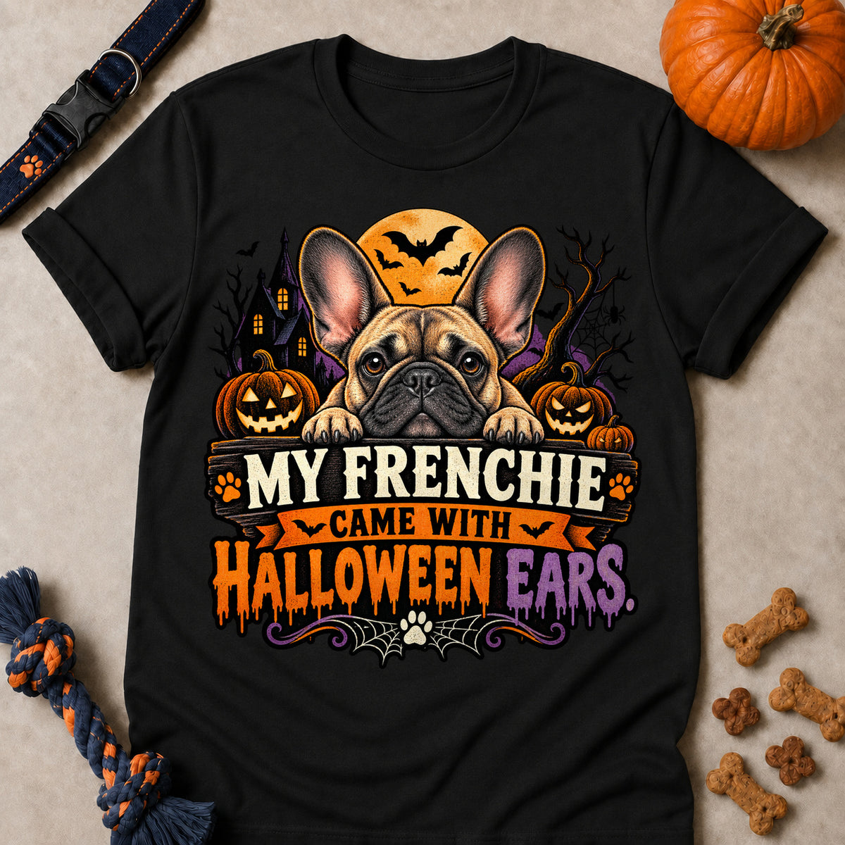 My Frenchie Came With Halloween Ears Colored Print T-Shirt - Black - Brooke & Belle