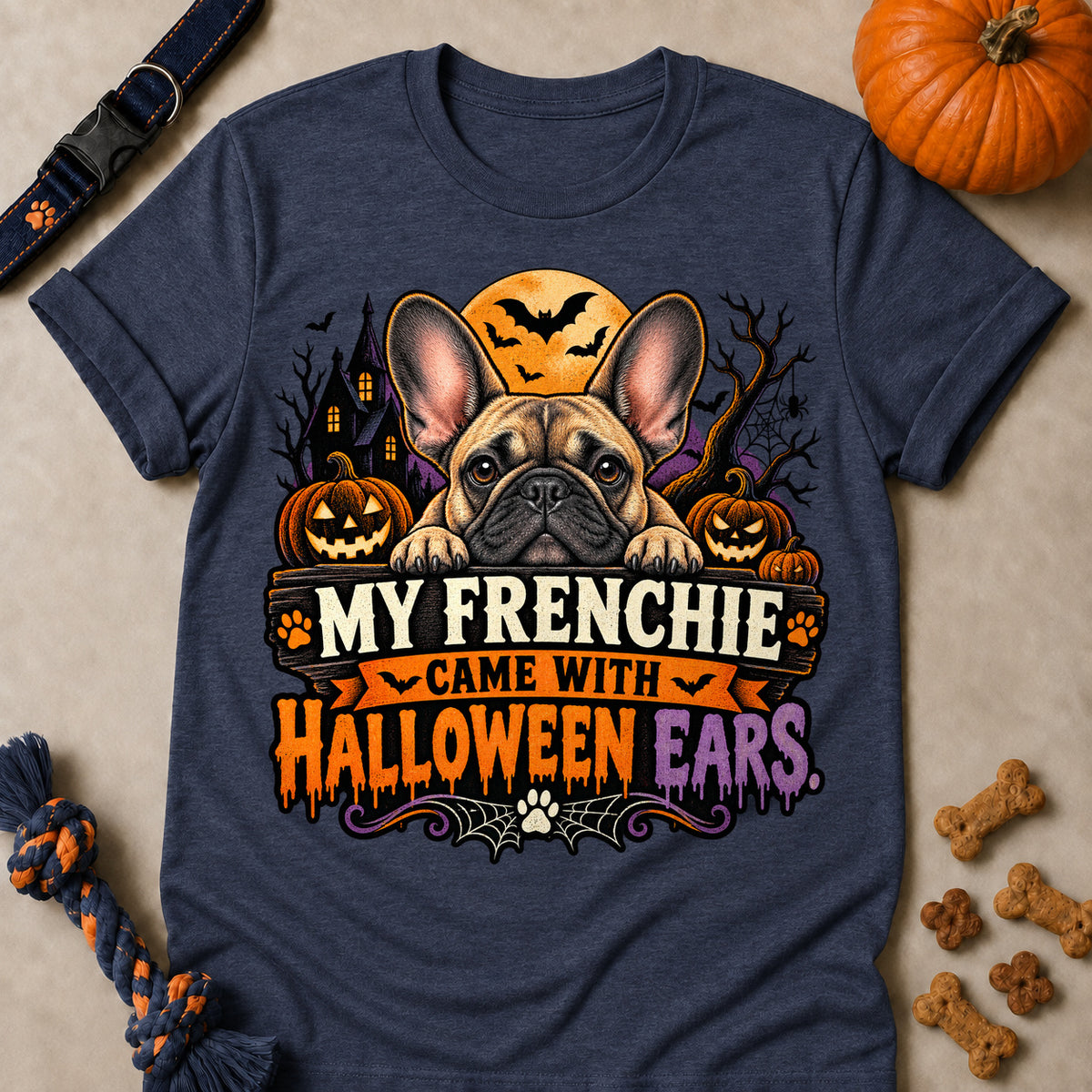 My Frenchie Came With Halloween Ears Colored Print T-Shirt - Heather Navy - Brooke & Belle