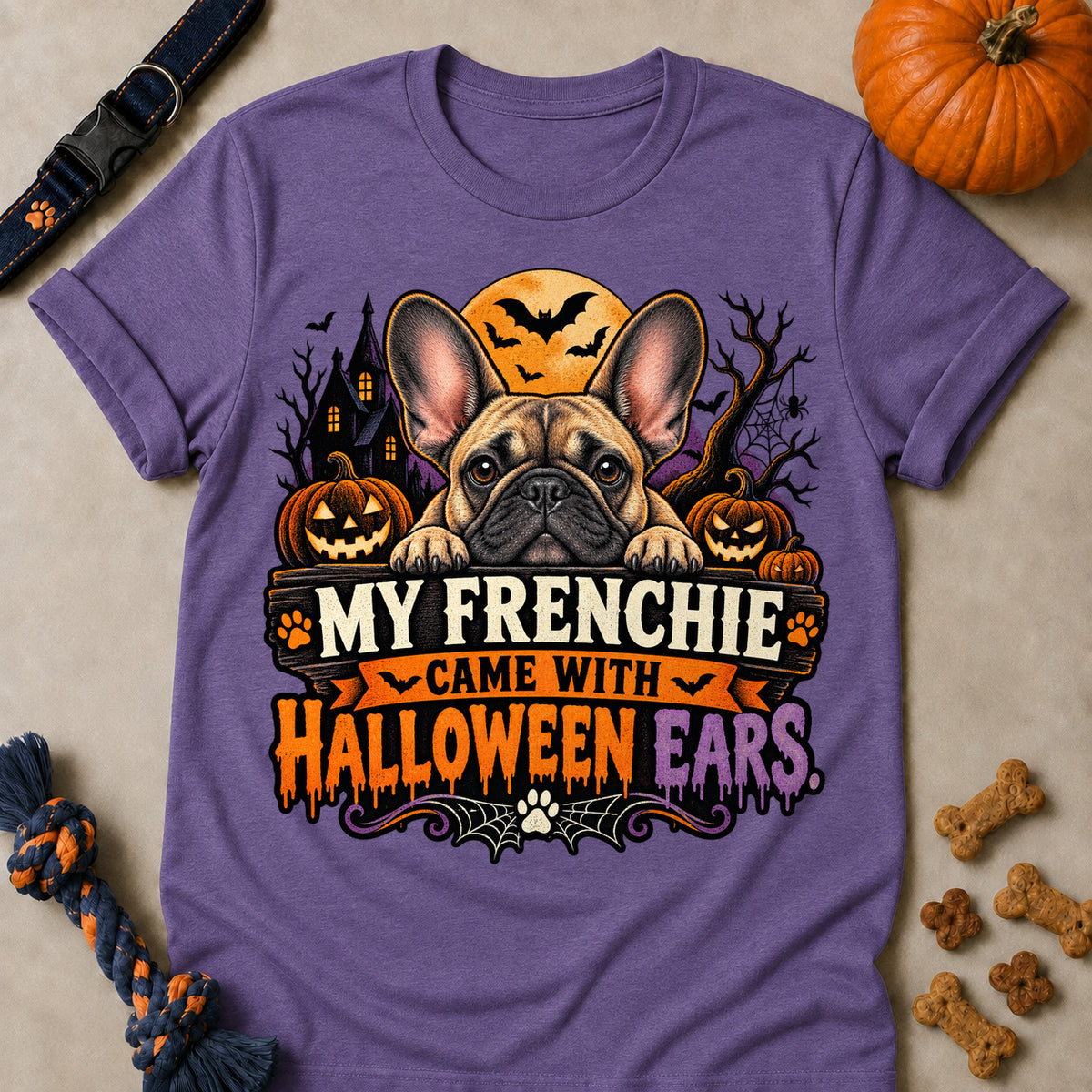 My Frenchie Came With Halloween Ears Colored Print T-Shirt - Heather Purple - Brooke & Belle