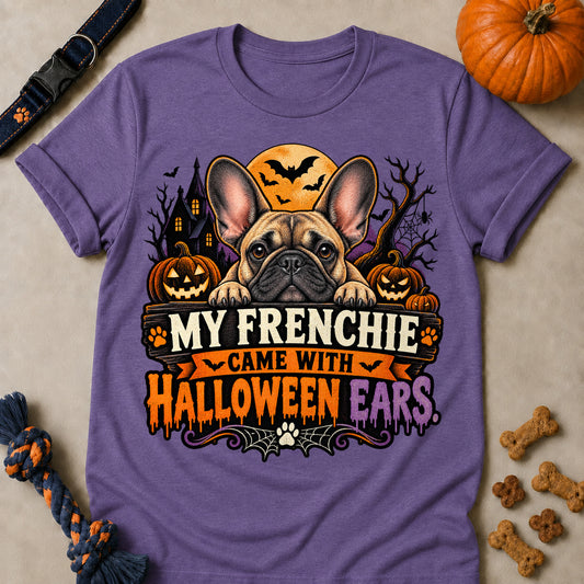 My Frenchie Came With Halloween Ears Colored Print T-Shirt - Heather Purple - Brooke & Belle