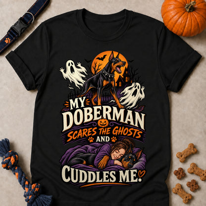 My Doberman Scares The Ghosts And Cuddles Me Colored Print T-Shirt - Black - Brooke & Belle