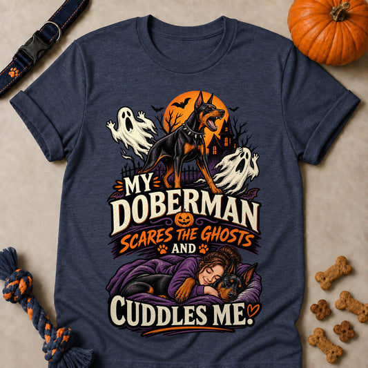 My Doberman Scares The Ghosts And Cuddles Me Colored Print T-Shirt - Heather Navy - Brooke & Belle