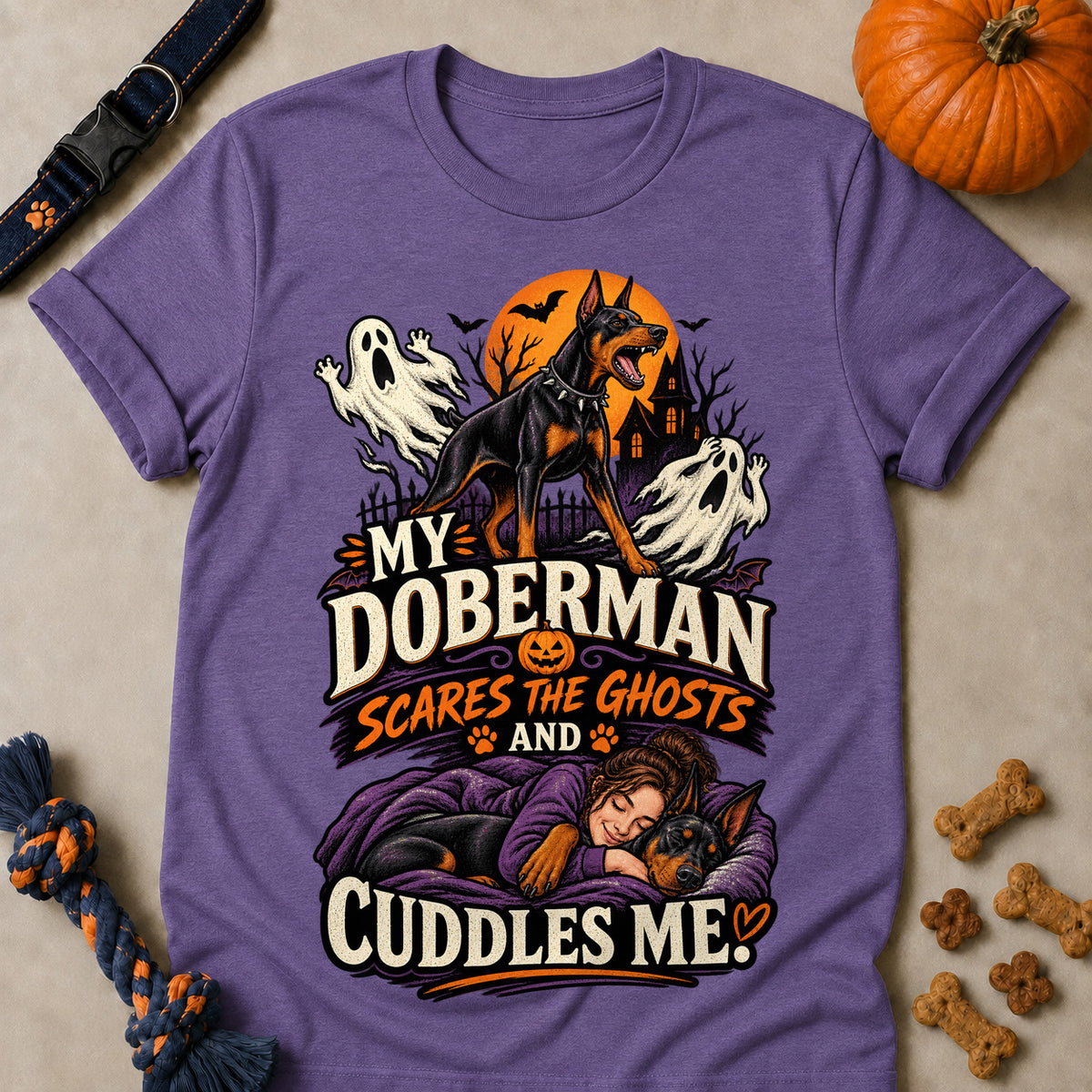 My Doberman Scares The Ghosts And Cuddles Me Colored Print T-Shirt - Heather Purple - Brooke & Belle