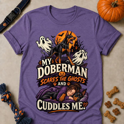My Doberman Scares The Ghosts And Cuddles Me Colored Print T-Shirt - Heather Purple - Brooke & Belle