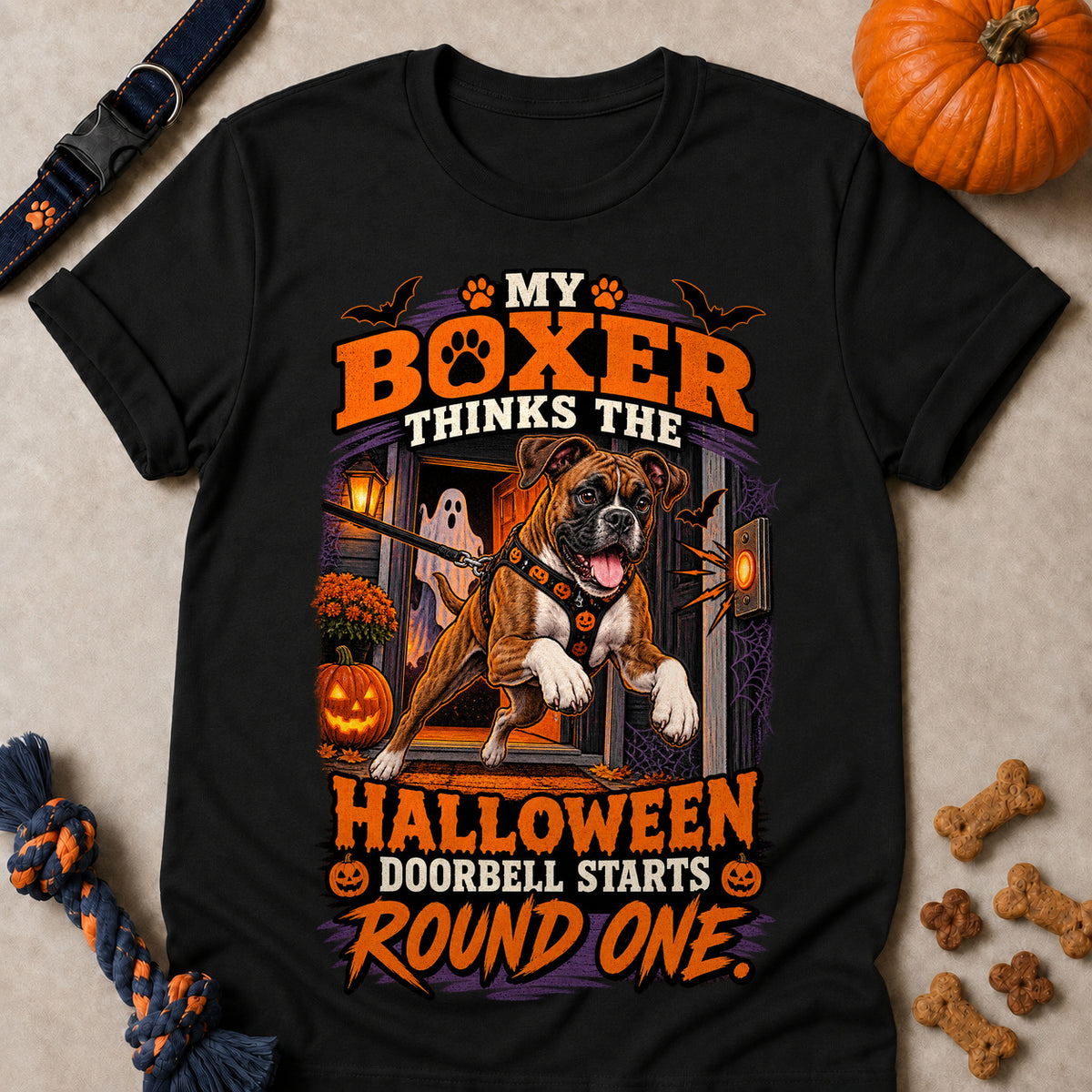 My Boxer Thinks The Halloween Doorbell Starts Round One Colored Print T-Shirt - Black - Brooke & Belle