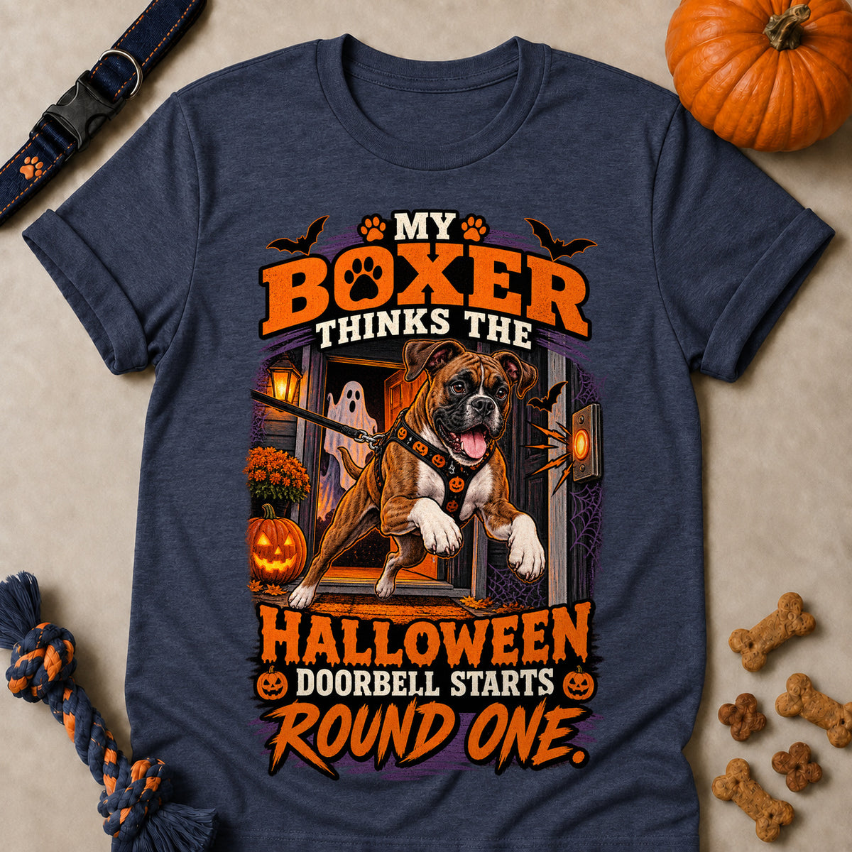 My Boxer Thinks The Halloween Doorbell Starts Round One Colored Print T-Shirt - Heather Navy - Brooke & Belle